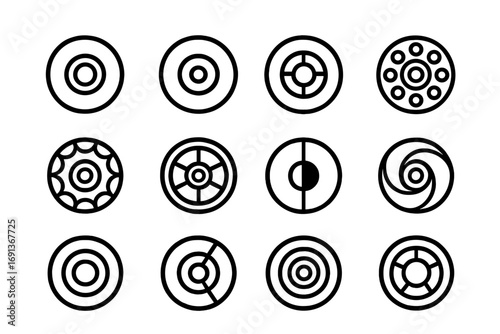 Roller Skate Wheel Icons. Outline icon set of Roller skate wheel types: soft wheel, hard wheel, outdoor wheel,