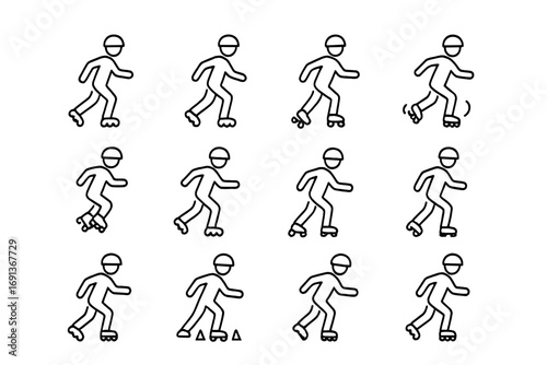 Roller Skating Icon Set. Outline icon set of Roller skating movements: forward glide, backward skate, cross