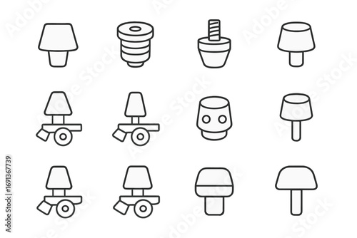 Roller Skate Stopper Icons. Outline icon set of Roller skate stopper types: toe stop, rubber stopper,