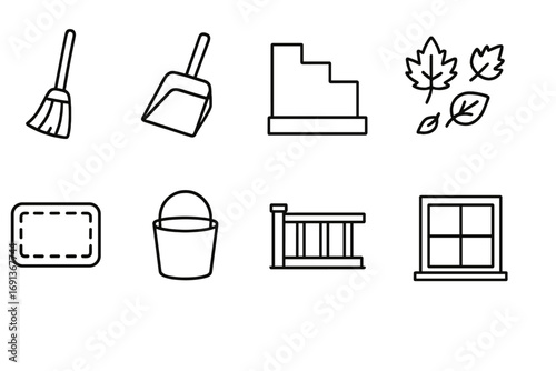 Porch Cleaning Icons. Outline icon set of sweeping the porch: broom, dustpan, porch steps, fallen leaves,