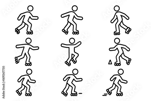 Roller Skating Icon Set. Outline icon set of Roller skating movements: forward glide, backward skate, cross