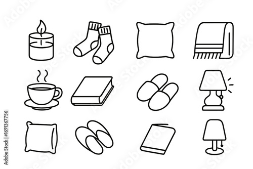 Cozy Evening Icons. Outline icon set of Relaxing evening at home: scented candle, cozy socks, throw pillow,