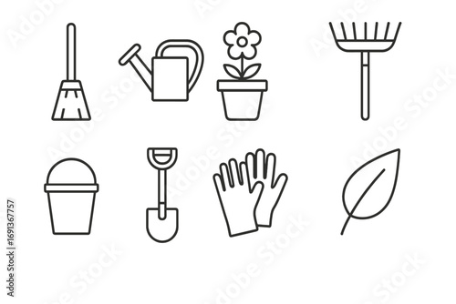 Garden Care Icons. Outline icon set of garden and porch care: broom, watering can, flower pot, rake, bucket,