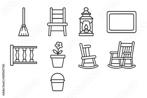 Rustic Porch Icons. Outline icon set of rustic porch elements: broom, wooden chair, lantern, doormat, railing,