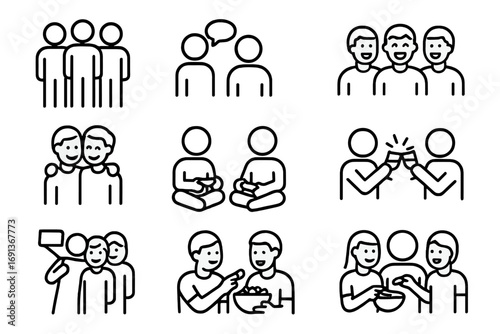 Friends Gathering Icons. Outline icon set of Friends gathering: group of friends, chatting, laughing, hugging,