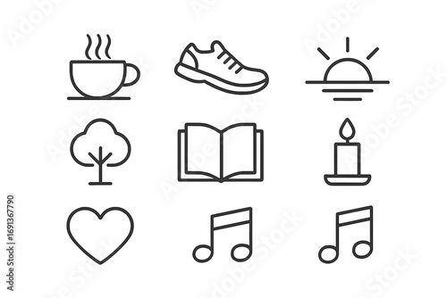 Simple Pleasures Icons. Outline icon set of simple pleasures in life: coffee cup, walking shoes, sunset, tree,