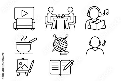 Evening Home Activities Icons. Outline icon set of Evening activities at home: movie watching, board games,