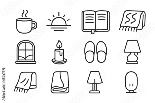 Quiet Morning Icons. Outline icon set of Quiet morning moments: steaming tea cup, sunrise, journal, cozy