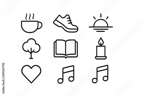 Simple Pleasures Icons. Outline icon set of simple pleasures in life: coffee cup, walking shoes, sunset, tree,