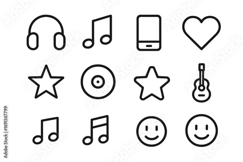 Music Icon Set. Outline icon set of listening to music: headphones, music note, smartphone, heart, star,