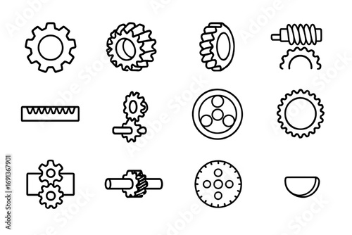 Gear Icon Set. Outline icon set of Gears & power transmission: spur gear, helical gear, bevel gear, worm gear, gear rack, pinion,