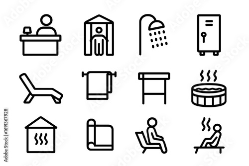 Spa Icon Collection. Outline icon set of Spa facilities and amenities: reception desk, changing room, shower,