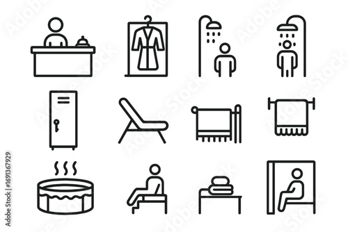 Spa Icon Collection. Outline icon set of Spa facilities and amenities: reception desk, changing room, shower,