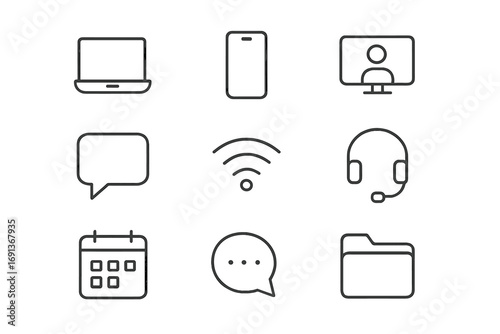 Remote Work Icons Grid. Outline icon set of remote work tools: laptop, smartphone, video call, chat bubble, Wi
