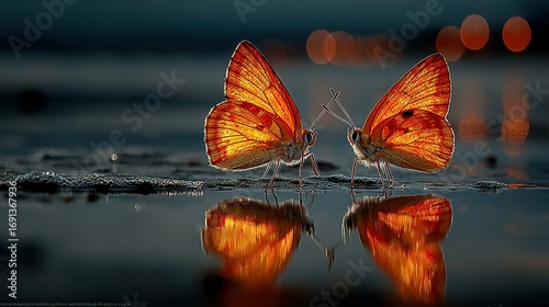 Two orange butterflies facing each other reflected on a dark smooth surface.
