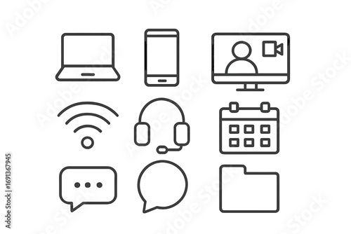 Remote Work Icons Grid. Outline icon set of remote work tools: laptop, smartphone, video call, chat bubble, Wi