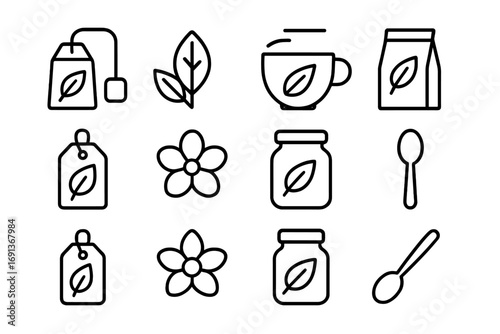 Organic Tea Icon Set. Outline icon set of organic tea packaging: tea bag, tea leaf, cup, paper pouch, eco tag,
