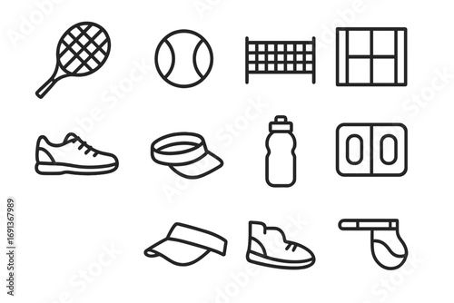 Tennis Icon Set. Outline icon set of playing tennis: tennis racket, tennis ball, net, court, sneakers, visor,