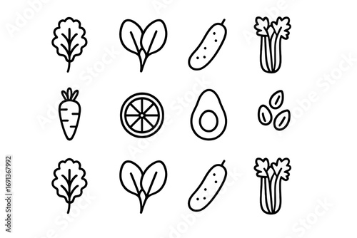 Detox Salad Icons. Outline icon set of Detox salad: kale, spinach, cucumber, celery, carrots, lemon, avocado,