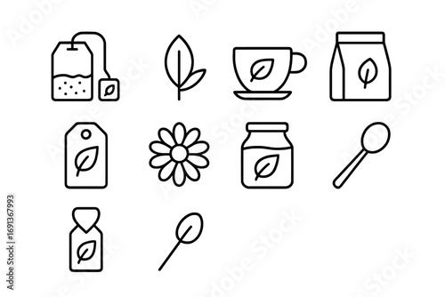 Organic Tea Icon Set. Outline icon set of organic tea packaging: tea bag, tea leaf, cup, paper pouch, eco tag,