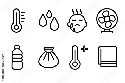 Temperature Icons Set. Outline icon set of Temperature and sweating: thermometer, sweat droplets, hot face,