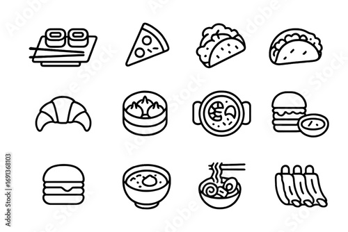 Global Cuisine Icons. Outline icon set of world cuisines: sushi platter, pizza slice, curry pot, taco, croissant, dim sum basket,