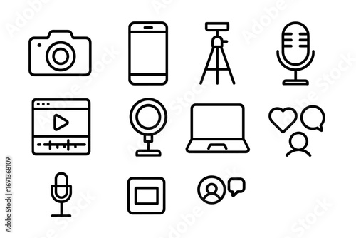 Digital Creator Icons. Outline icon set of Digital content creators: camera, smartphone, tripod, microphone,