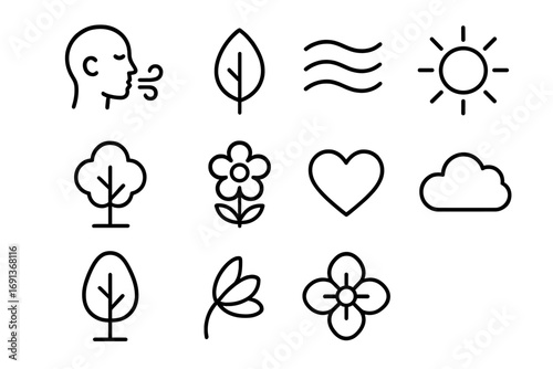 Mindful Breathing Icons. Outline icon set of mindful breathing outdoors: person inhaling, leaf, breath waves,