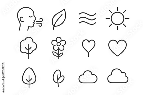 Mindful Breathing Icons. Outline icon set of mindful breathing outdoors: person inhaling, leaf, breath waves,