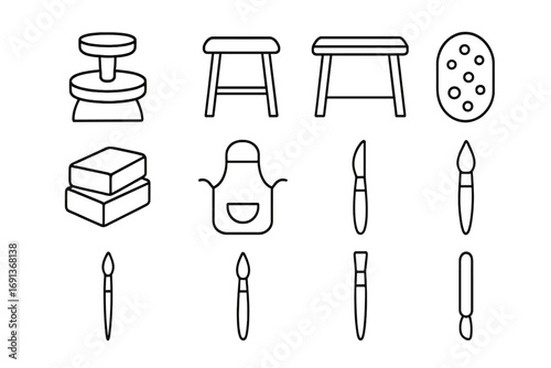 Art Studio Essentials. Outline icon set of art studio essentials: potter’s wheel, stool, table, sponge, clay,