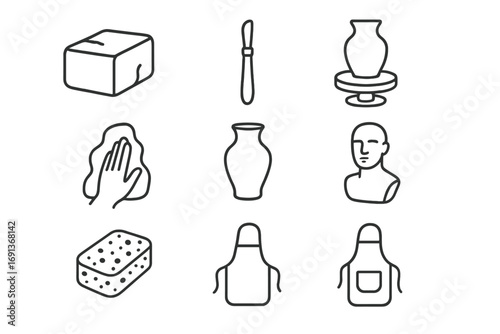 Clay Sculpting Icons. Outline icon set of creating a sculpture from clay: clay block, sculpting tool, potter’s