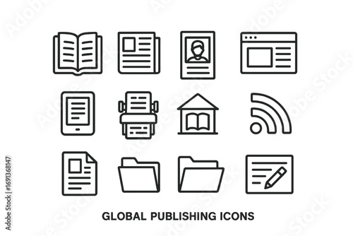 Global Publishing Icons. Outline icon set of global publishing: book, newspaper, magazine, blog page, website icon, e-book reader,