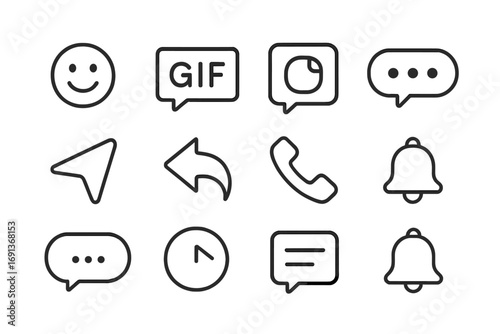 Text Icon Set. Outline icon set of Texting shortcuts: emoji, GIF, sticker, typing dots, send button, reply