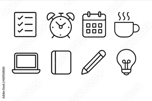 Routine Productivity Icons. Outline icon set of building a routine to enhance focus and productivity: