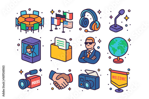 Global Summit Icons. Colorful isometric vector icons set of global summits: round table, national flags, headsets, conference