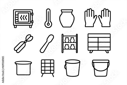 Clay Firing Icons. Outline icon set of firing clay artworks: kiln, thermometer, clay pot, gloves, tongs,
