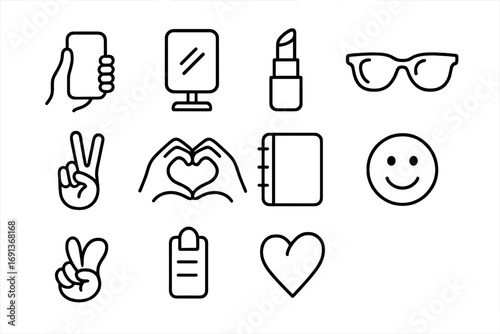 Self-expression Icon Set. Outline icon set of Self-expression slang: selfie, mirror, lipstick, sunglasses,