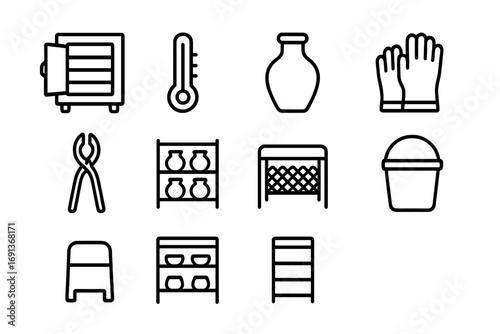 Clay Firing Icons. Outline icon set of firing clay artworks: kiln, thermometer, clay pot, gloves, tongs,