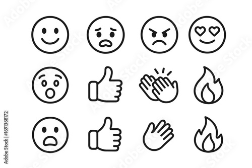 Emoji Expression Icons. Outline icon set of Emoji expressions: smiley face, crying face, angry face, heart