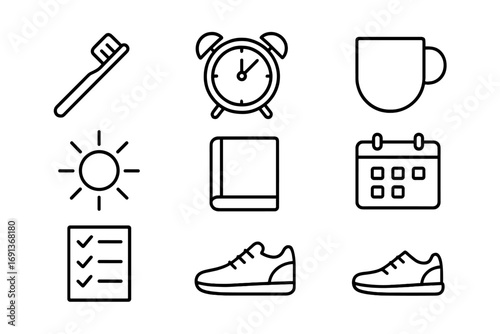 Morning Routine Icons. Outline icon set of morning routine productivity: toothbrush, alarm clock, cup, sun,