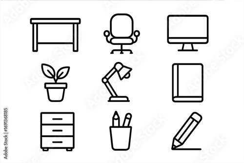 Workspace Icon Set. Outline icon set of workspace organization: desk, chair, monitor, plant, lamp, notebook,