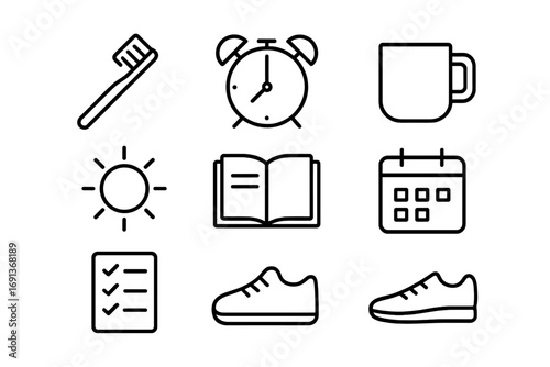 Morning Routine Icons. Outline icon set of morning routine productivity: toothbrush, alarm clock, cup, sun,