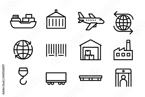 Global Supply Icons. Outline icon set of global supply chains: cargo ship, shipping container, airplane, delivery truck, globe