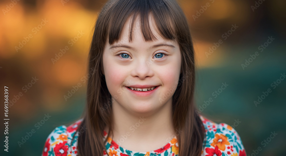 Naklejka premium Portrait of a smiling young girl with Down syndrome wearing a floral print dress