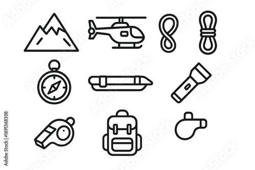 Mountain Rescue Icons. Outline icon set of search and rescue missions in mountainous terrain: mountain peak,