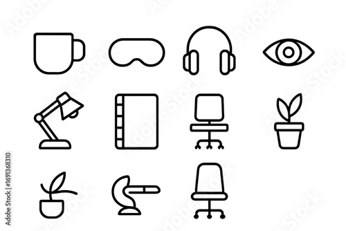 Concentration Aids Icons. Outline icon set of Concentration aids: coffee mug, eye mask, headphones, focused