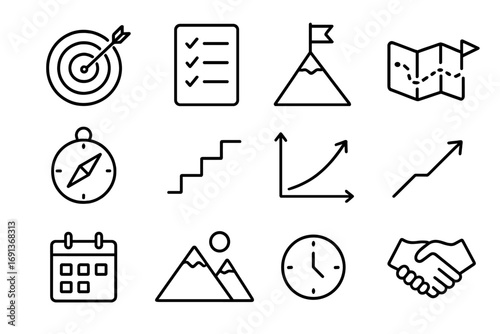 Goal Achievement Icons. Outline icon set of setting and achieving goals: target board, arrow, checklist, flag on peak, map,