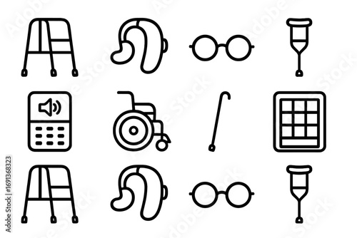 Diverse Student Icon Set. Outline icon set of Diverse student needs: mobility aid, hearing aid, glasses,