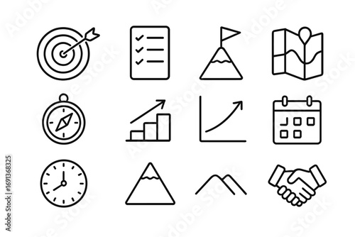 Goal Achievement Icons. Outline icon set of setting and achieving goals: target board, arrow, checklist, flag on peak, map,