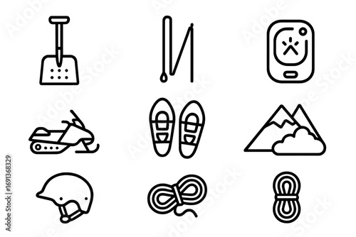 Avalanche Rescue Tools. Outline icon set of avalanche search missions: avalanche shovel, probe, beacon,